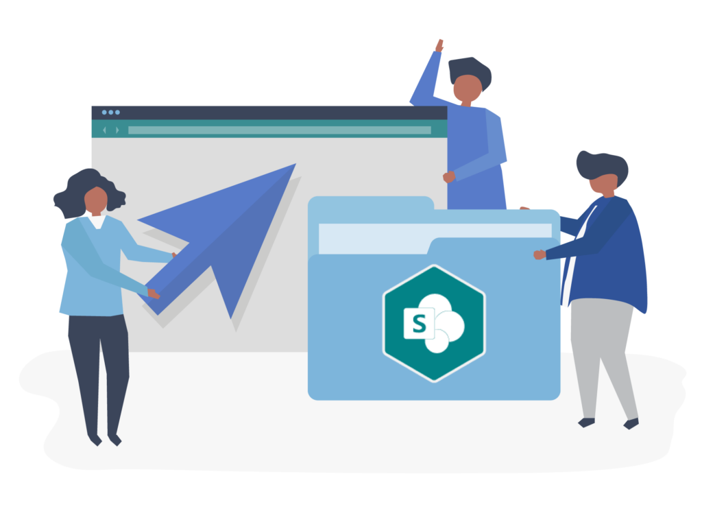 Drei animierte Personen legen eine Datei in Microsoft SharePoint ab.