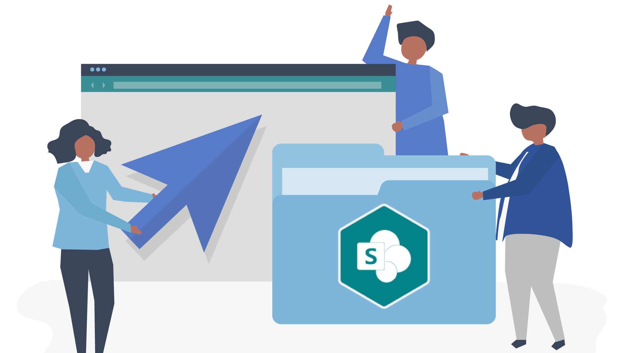 Illustration eines Teams bei der Zusammenarbeit, mit einem Cursor, einem Webbrowser und einem Microsoft SharePoint-Sicherheitsordner durch eine Microsoft Outlook SharePoint Integration.