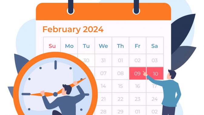 Zwei animierte Personen im Business-Look. Sie stehen vor einem großen Kalenderblatt des Februars 2024. Die linke Person dreht die Zeiger einer Uhr. Die rechte Person zeigt auf dem Kalenderblatt auf die Tage 09. und 10. Februar. An diesen Tagen finden die CollabDays 2024 in Bremen statt.