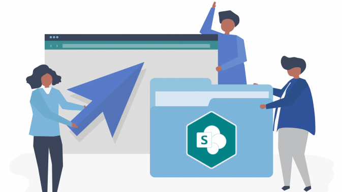 Drei animierte Personen legen eine Datei in Microsoft SharePoint ab.