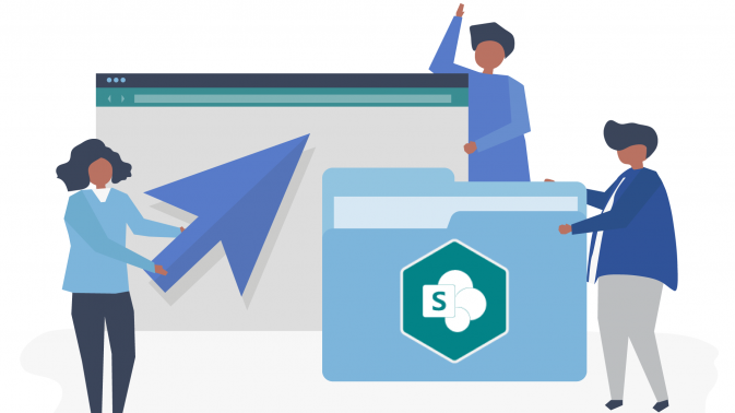 Illustration eines Teams bei der Zusammenarbeit, mit einem Cursor, einem Webbrowser und einem Microsoft SharePoint-Sicherheitsordner durch eine Microsoft Outlook SharePoint Integration.